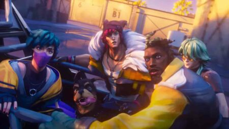 Screenshot of Heartsteel Aphelios, Sett, K'Sante, and Ezreal in Paranoia music video