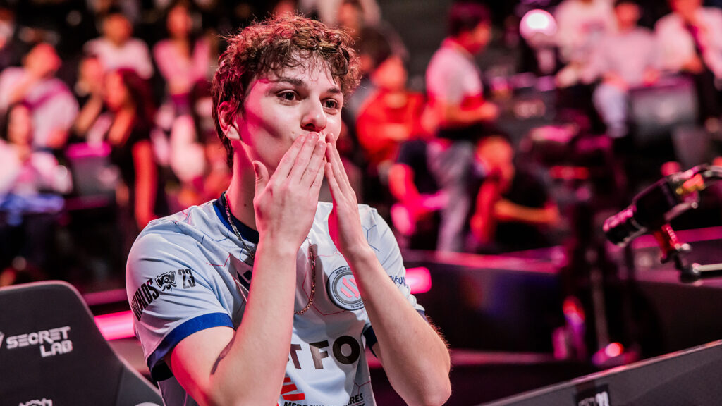 League of Legends Team BDS Adam blows a kiss to his fans during 2023 Worlds play-ins