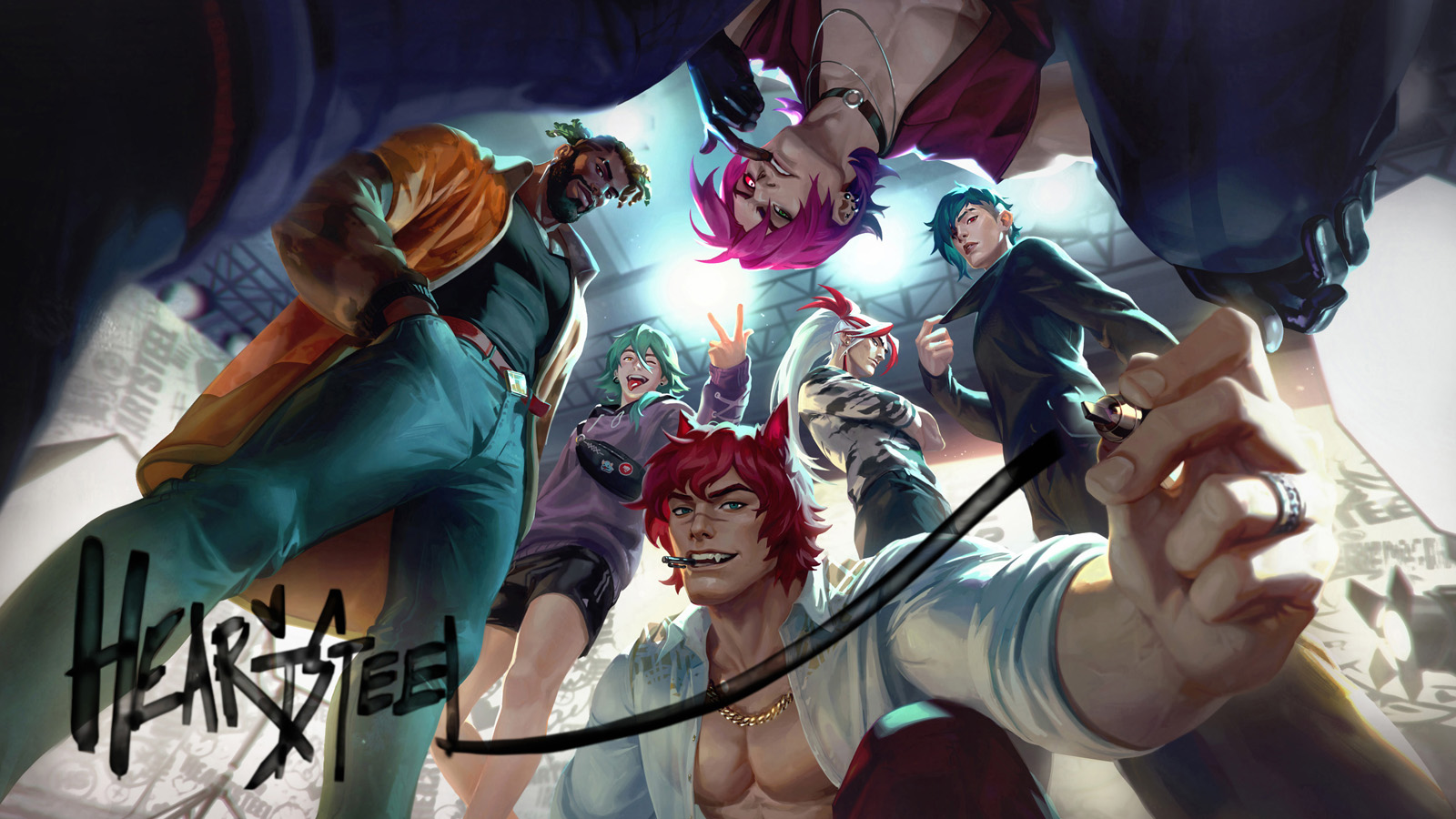 HEARTSTEEL, an all-new virtual band starring reimagined versions of beloved League of Legends champions Ezreal (vocalist), Kayn (rapper, instrumentalist), Aphelios (instrumentalist, songwriter), Yone (producer), K’Sante (co-leader, vocalist), and Sett (co-leader, rapper)