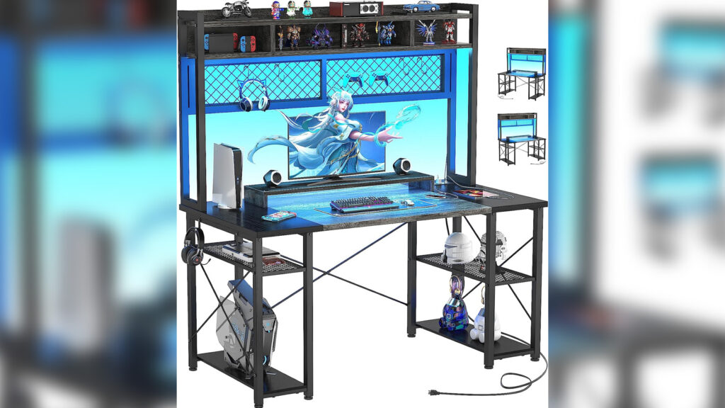armocity 2023 Upgrade Gaming Desk with Hutch, 48'' Magic Computer Desk with LED Lights and Outlets, Reversible Workstation Desk with Pegboard and Monitor Stand, 48 Gamer Desk PC Table, Grey and Black