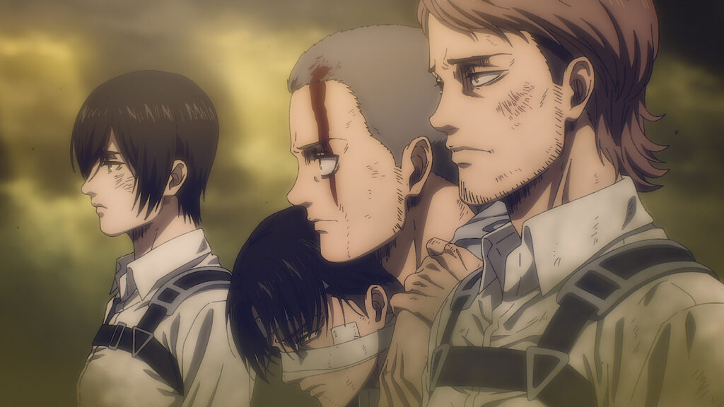 Mikasa Ackerman, Levi Ackerman, Connie Springer, and Jean Kirstein in the Final Chapter of the Attack on Titan ending