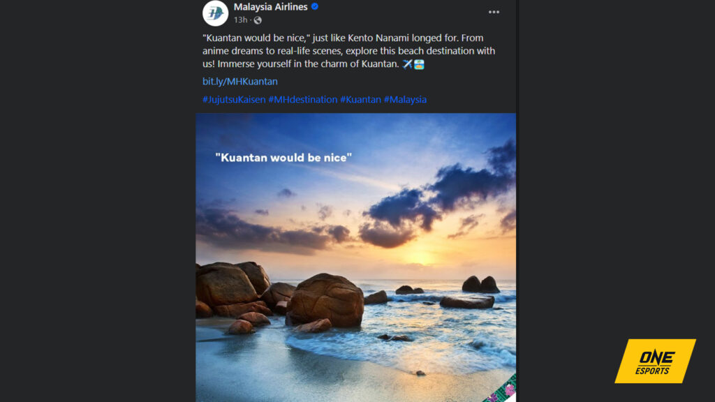 Malaysia Airlines references Kento Nanami in a promotional ad for Kuantan on their official Facebook page