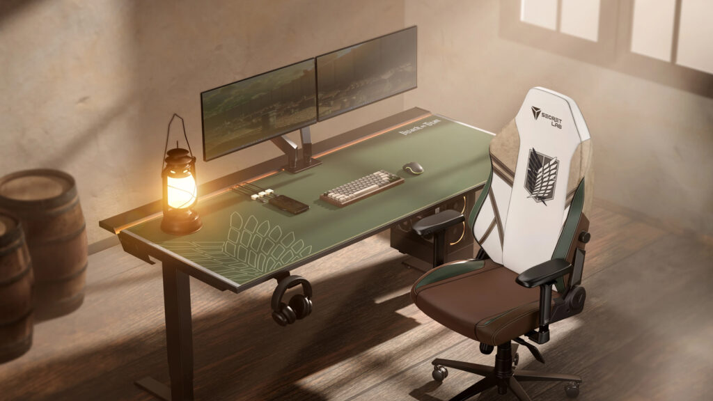 Secretlab Attack on Titan Titan Evo Attack gaming chair and desk