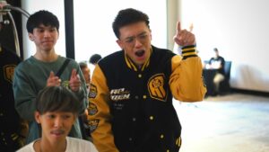 AP Bren's David "FlapTzy" Canon together with See You Soon's Clarense "Kousei" Camilo and Sovann "Raa" Chanmakara during M5 Media Day