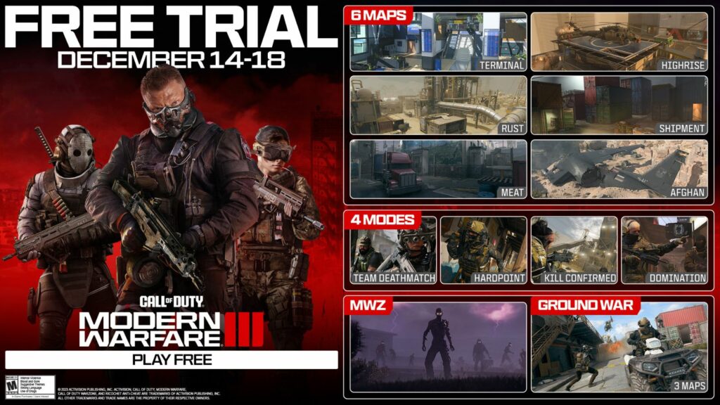Call of Duty Modern Warfare 3 Free Access banner image containing maps and modes
