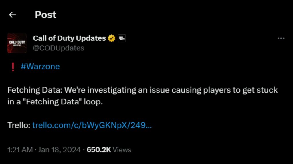 Fetching Online Profile MW3 and WZ error post by COD Updates on X