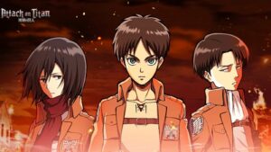 Mobile Legends Attack on Titan skins featuring Mikasa, Eren, and Levi