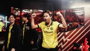 ONIC Esports' Gilang "SANZ" celebrating a win during the M5 World Championship Knockout Stage
