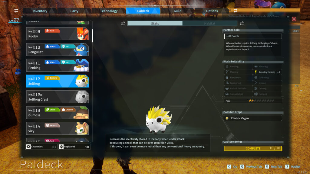Palworld how to farm electric organs in Palworld Jolthog screenshot
