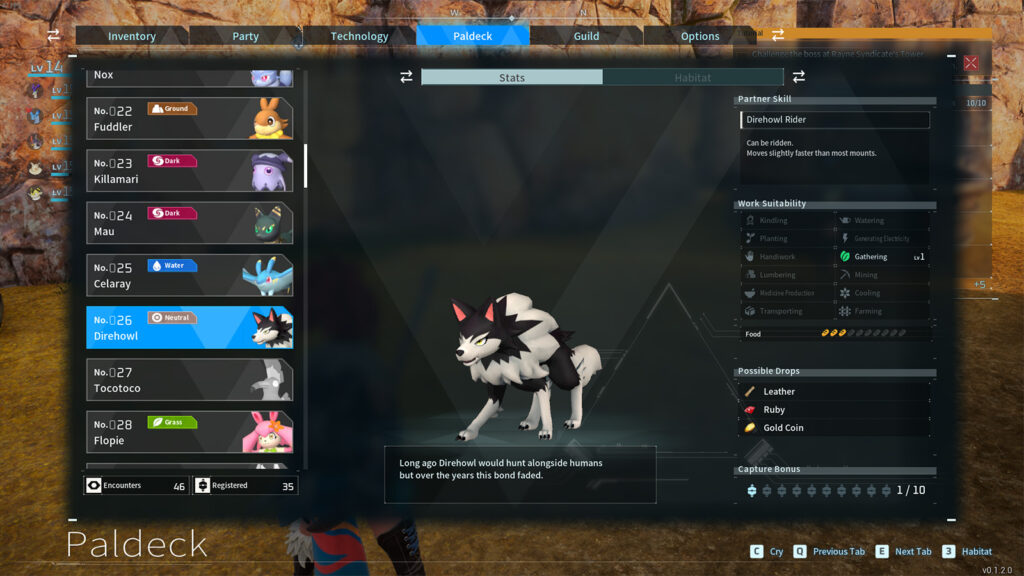 Palworld how to farm leather in Palworld Direhowl screenshot