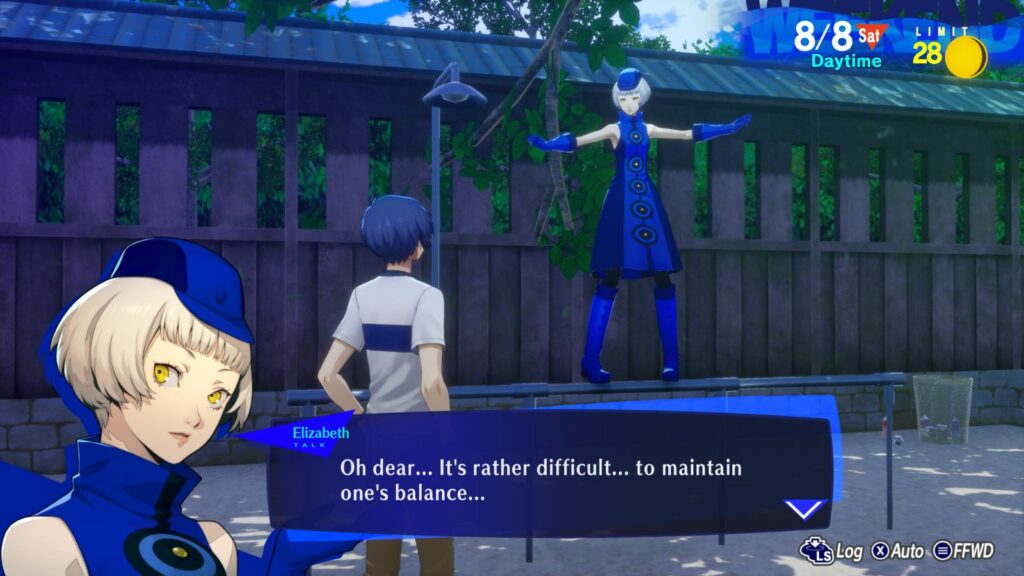 Elizabeth balancing on a seesaw in Persona 3 Reload