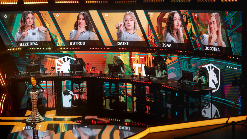 Female gamers Team Liquid Brazil are seen on stage at the 2023 VALORANT Game Changers Championship Grand Finals at CBLOL Studio on December 03, 2023 in São Paulo, Brazil