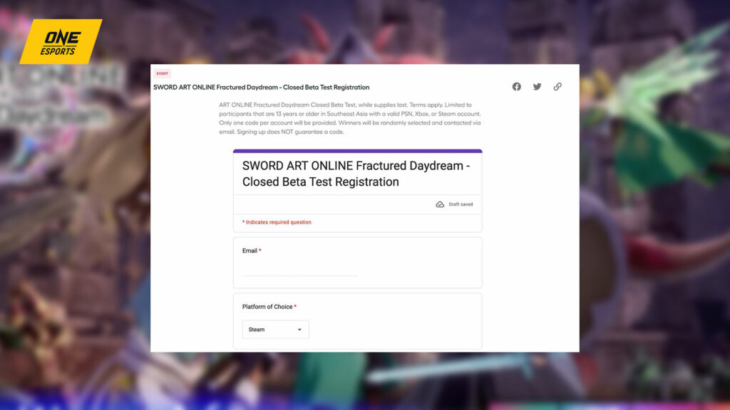 Sword Art Online Fractured Daydream registration form