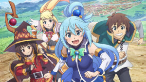KonoSuba characters Kazuma, Aqua, Darkness, and Megumin