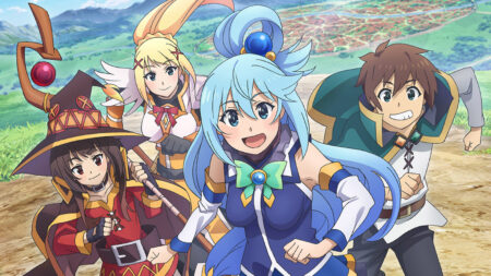 KonoSuba characters Kazuma, Aqua, Darkness, and Megumin