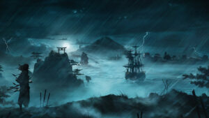 Character on a night landscape in Rise of the Ronin