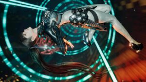 Eve of Stellar Blade spinning in the air
