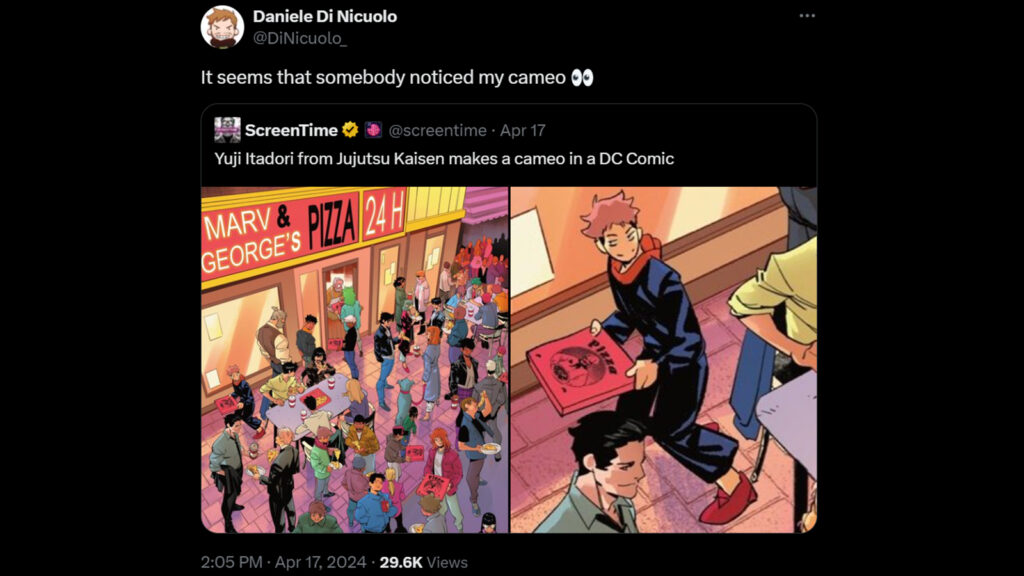 A screenshot of ScreenTime pointing out the Jujutsu Kaisen cameo of Yuji Itadori in DC Comics Nightwing issue 113 illustrated by Daniele Di Nicuolo