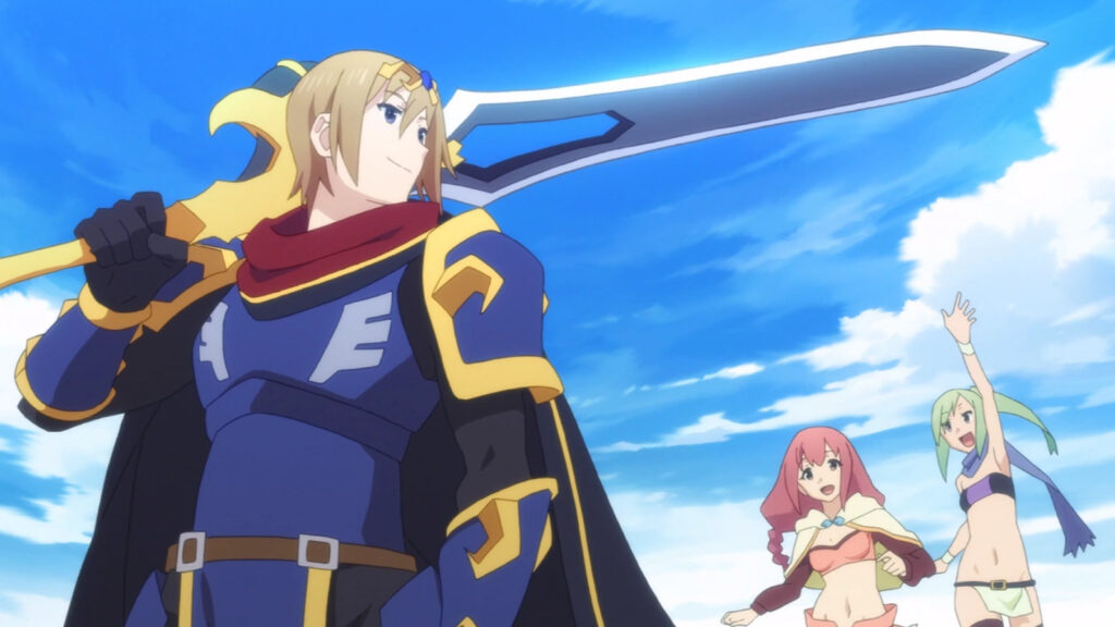 Mitsurugi with his party members, Clema and Fio, in KonoSuba
