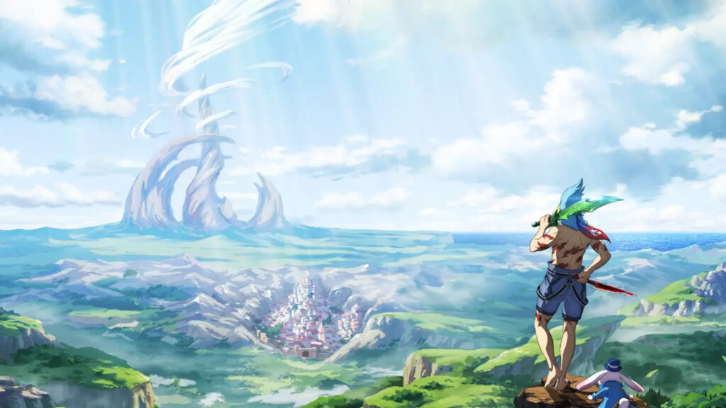 Shangri-La Frontier main protagonist Sunraku and supporting character Emul looking over the virtual world