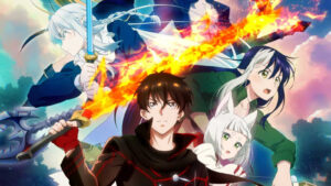 The New Gate anime's main characters Shinya Kiritani, Schnee Raizar, Tiera Lucent, and Millie on the season 1 poster
