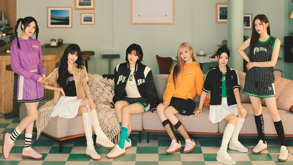 IVE members Rei, Gaeul, Wonyoung, Yujin, Leeseo, and Liz wearing Puma Palermo collection