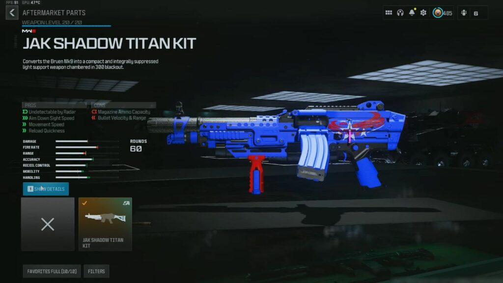 In-game screenshot of the JAK Shadow Titan Kit for the Bruen MK9 in Modern Warfare 3 and Warzone
