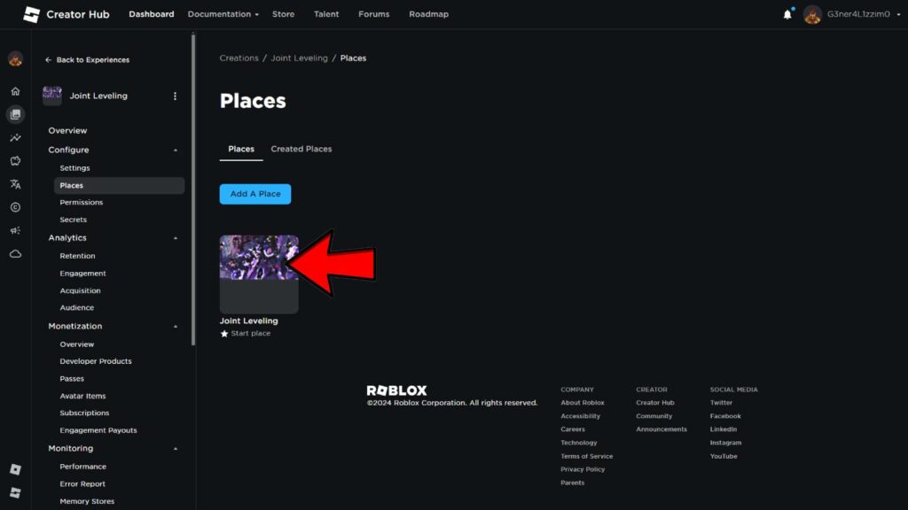 Roblox Configure settings screen with red arrow pointing at "Places" button