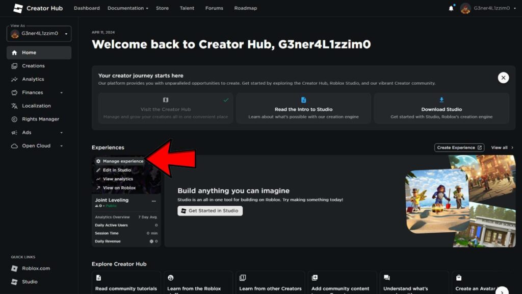 Roblox Creator Hub screen with red arrow pointing at "Manage Experience" button