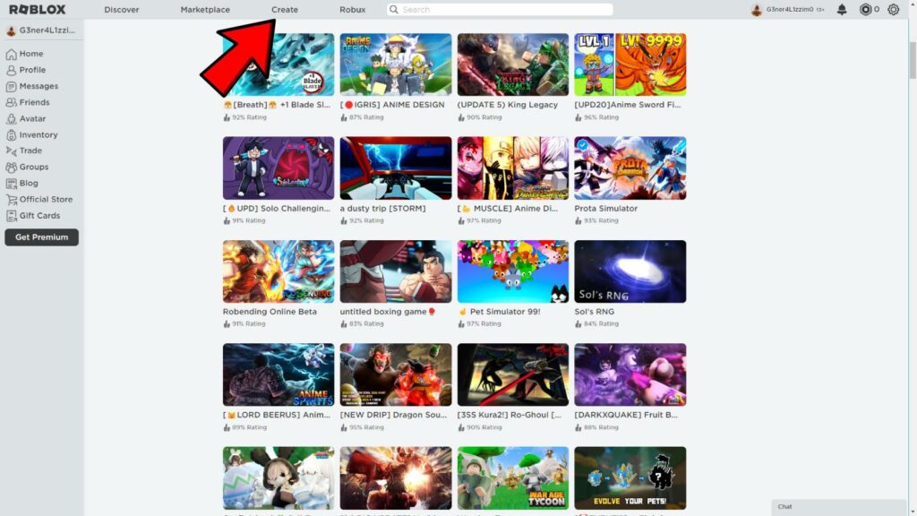 Game thumbnails on Roblox with red arrow pointing towards "Create" tab