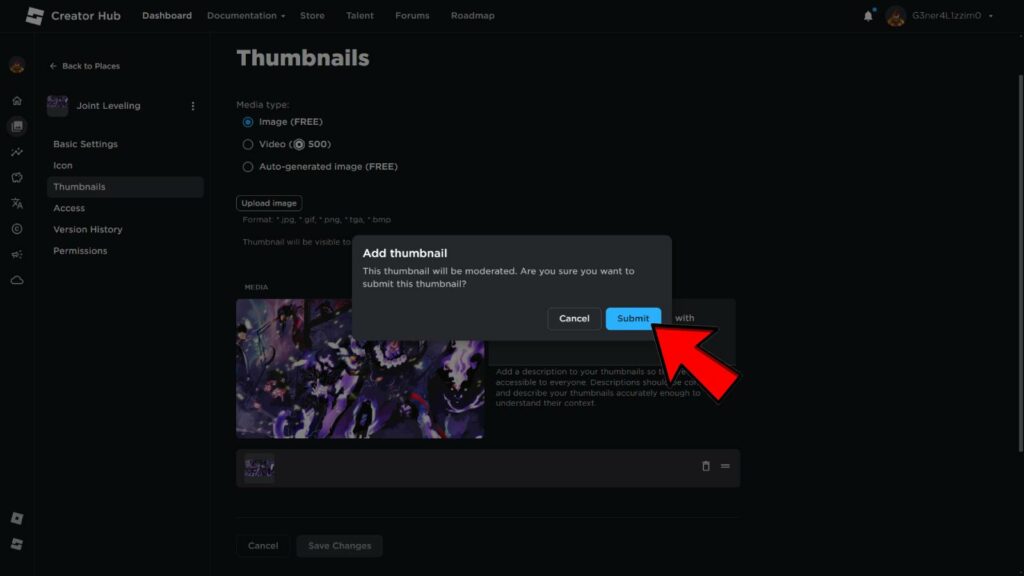 How to change game thumbnail on Roblox guide showing red arrow pointing at "submit" button to add thumbnail