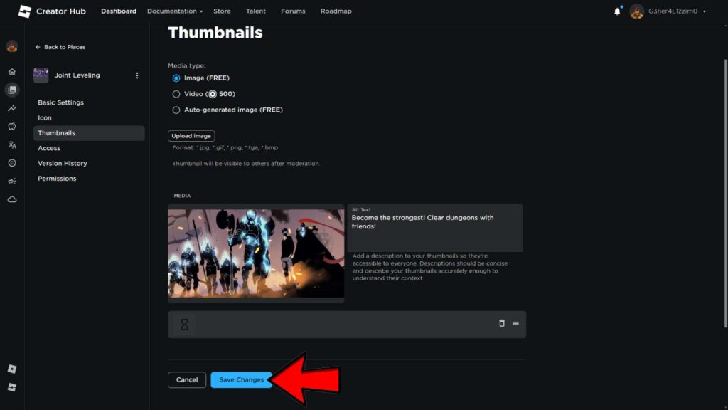 How to change game thumbnail on Roblox guide showing red arrow pointing at "Save Changes" button 