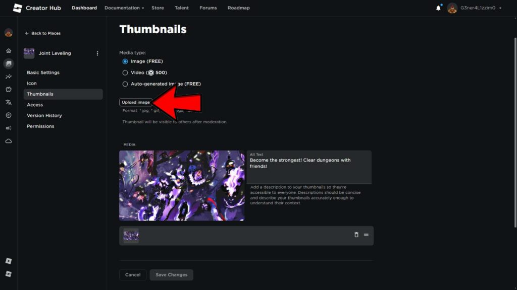 How to change game thumbnail on Roblox guide showing red arrow pointing at add image button 