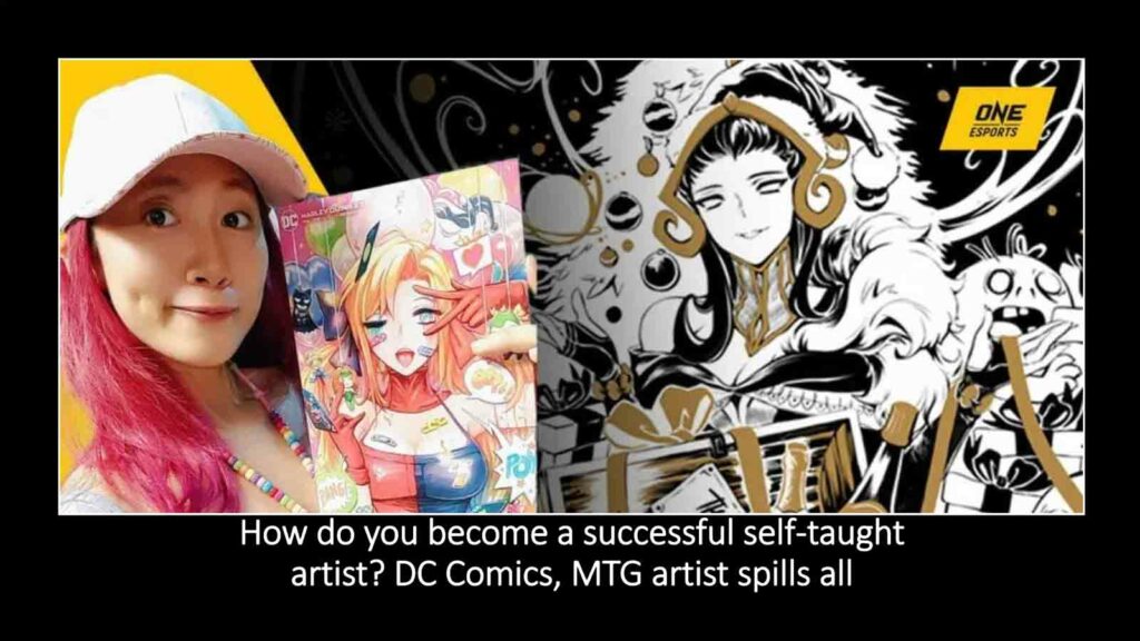 Rachta Lin posing with her DC Comics and MTG art in ONE Esports featured image for article "How do you become a successful self-taught artist? DC Comics, MTG artist spills all" 
