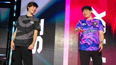Team Secret coach Warbids and Paper Rex coach alecks on stage smiling at VCT Pacific Stage 1 2024 day 10