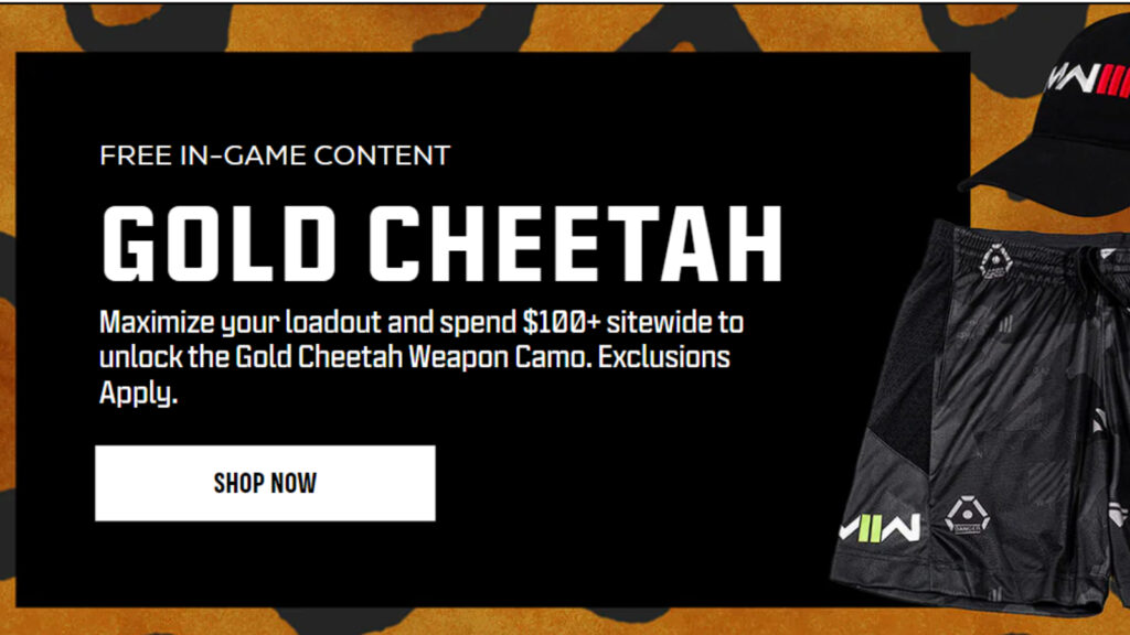 Gold Cheetah Camo collection in Call of Duty merch shop