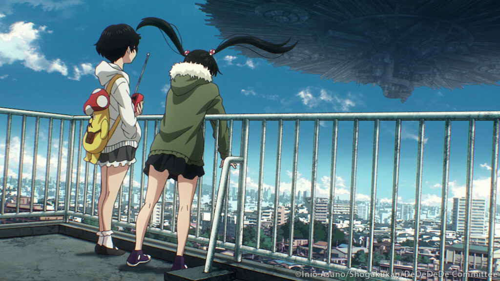 Dead Dead Demons Dededede Destruction main characters Ouran Nakagawa and Kadode Koyama seen looking at an alien ship