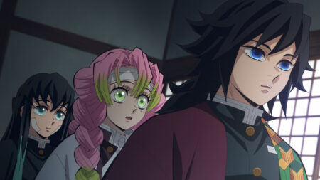 Demon Slayer's Water Hashira Giyu Tomioka, Love Hashira Mitsuri Kanroji, and Mist Hashira Muichiro Tokito seen in season 4 episode 1 of the anime