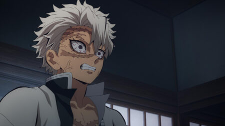 Demon Slayer's Wind Hashira Sanemi Shinazugawa seen in the Hashira Gathering in season 4 episode of the anime