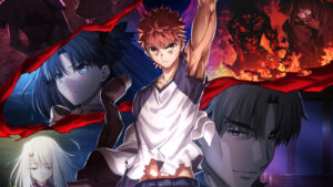 Fate/stay night characters featuring Emiya Shirou, Rin Tohsaka, Illyasviel von Einzbern, and Kirei Kotomine.