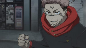 Jujutsu Kaisen's main antagonist Ryomen Sukuna inhabiting Yuji Itadori's body in the Shibuya Incident arc from season 2 of the anime