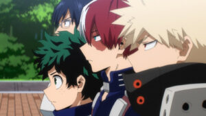 My Hero Academia main characters Izuku "Deku" Midoriya Katsuki Bakugo, Shoto Todoroki, abd Iida Tenya seen in season 7 episode 4 of the anime
