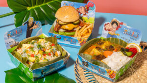 One Piece cafe dishes featuring Sanji, Franky, and Monkey D. Luffy