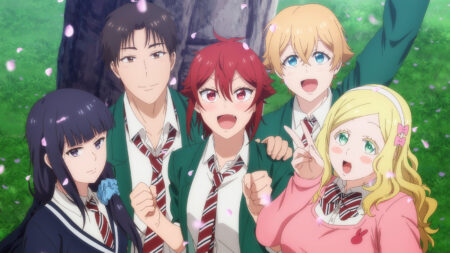 Tomo-chan Is a Girl! anime characters Tomo Aizawa, Junichirou Kubota, Misuzu Gundou, Carol Olston, and Kousuke Misaki