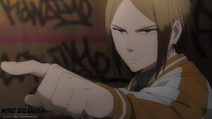 Wind Breaker antagonist Kota Soko from Shishitoren in episode 6 season 1 of the anime pointing at Toma Hiragi