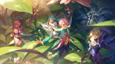 Faerie Court skins in League of Legends featuring Karma, Fiora, Ezreal, Seraphine, Kalista, Milio, and Katarina