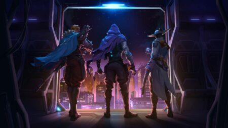 Valorant agents Sova, Cypher, Omen, backs turned