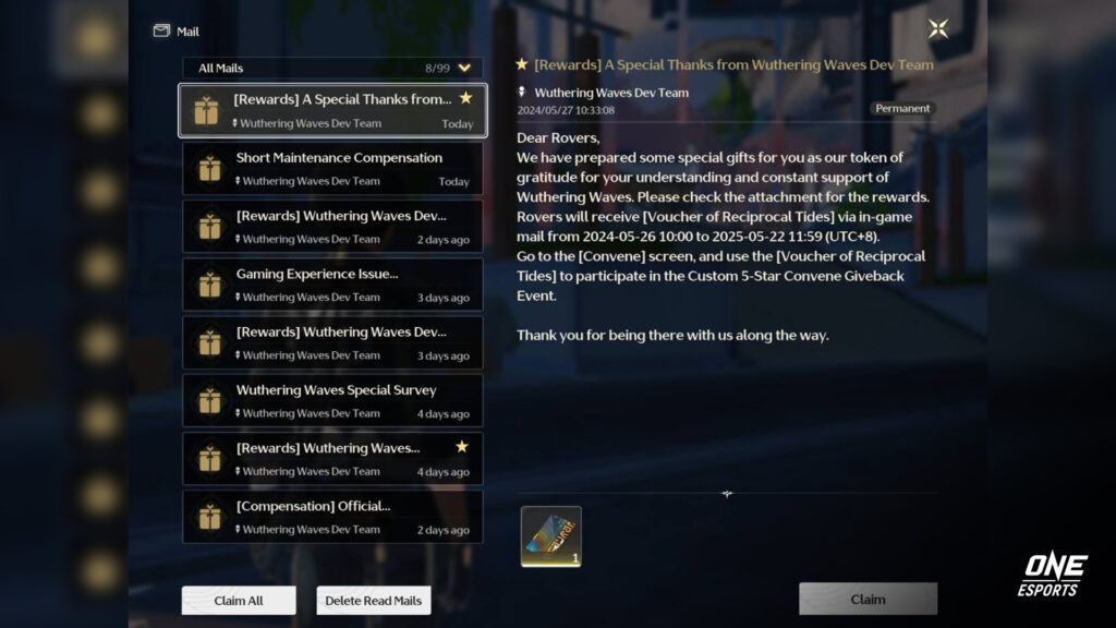 Wuthering Waves Voucher of Reciprocal Tides via in-game mail