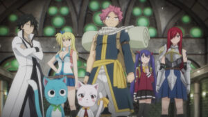 Fairy Tail 100 Years Quest characters Natsu Dragneel, Erza Scarlet, Lucy Heartfilia, Gray Fullbuster, Happy, Wendy Marvell, and Charles
