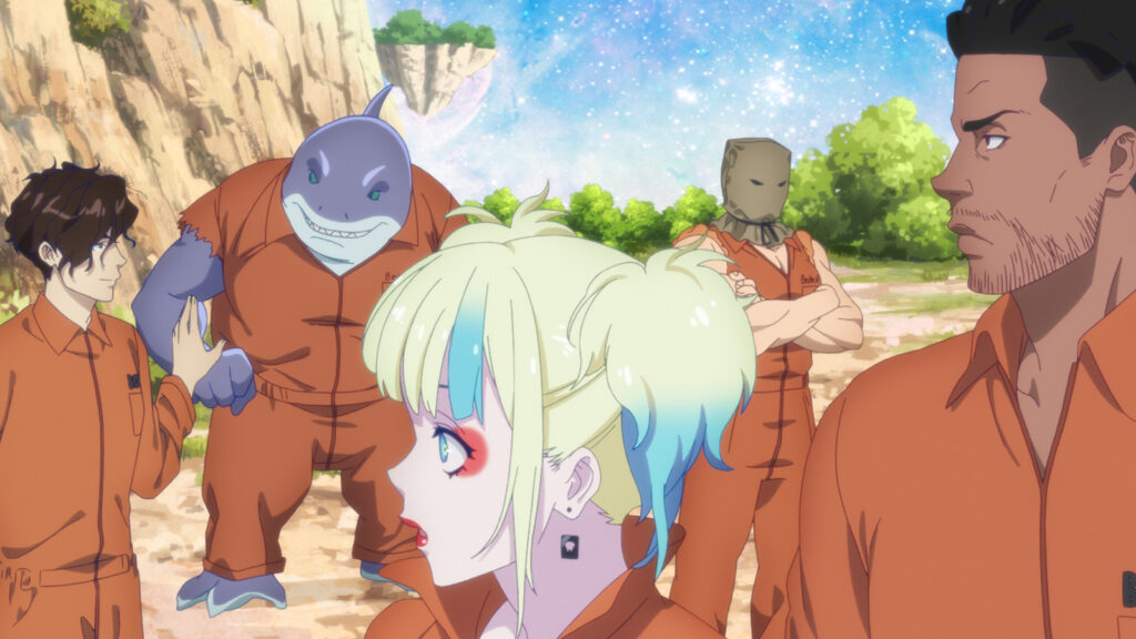 Suicide Squad Isekai main characters Harley Quinn, Deadshot, Clayface, Peacemaker, and Kingshark seen in their Belle Reve prison uniforms in episode 1
